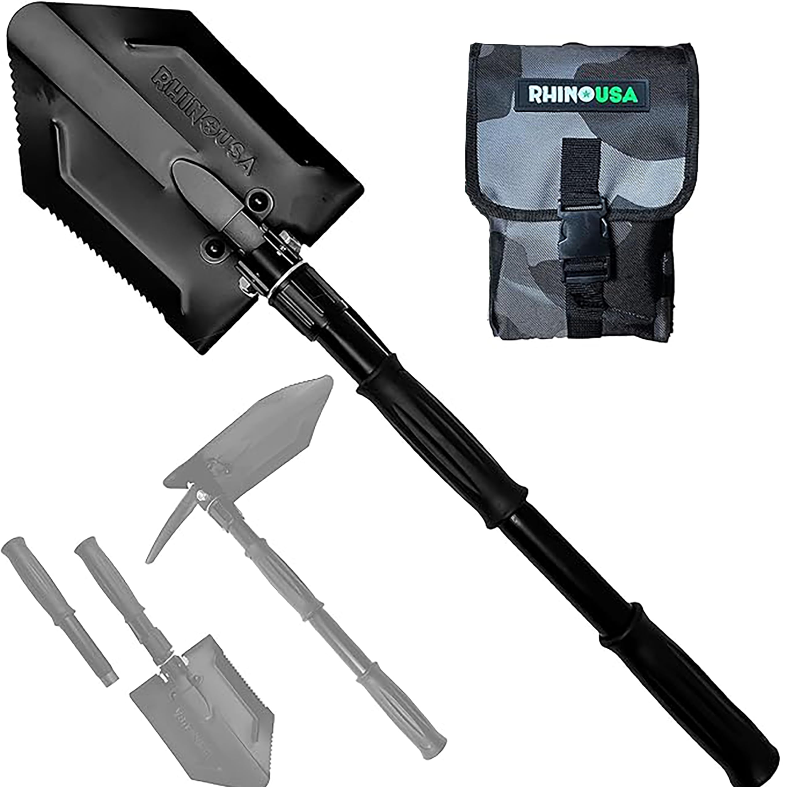 RHINO USA Folding Survival Shovel w/Pick - Heavy Duty Carbon Steel Tool for Off Road, Camping, Gardening, Beach, Digging Dirt, Sand, Mud & Snow.