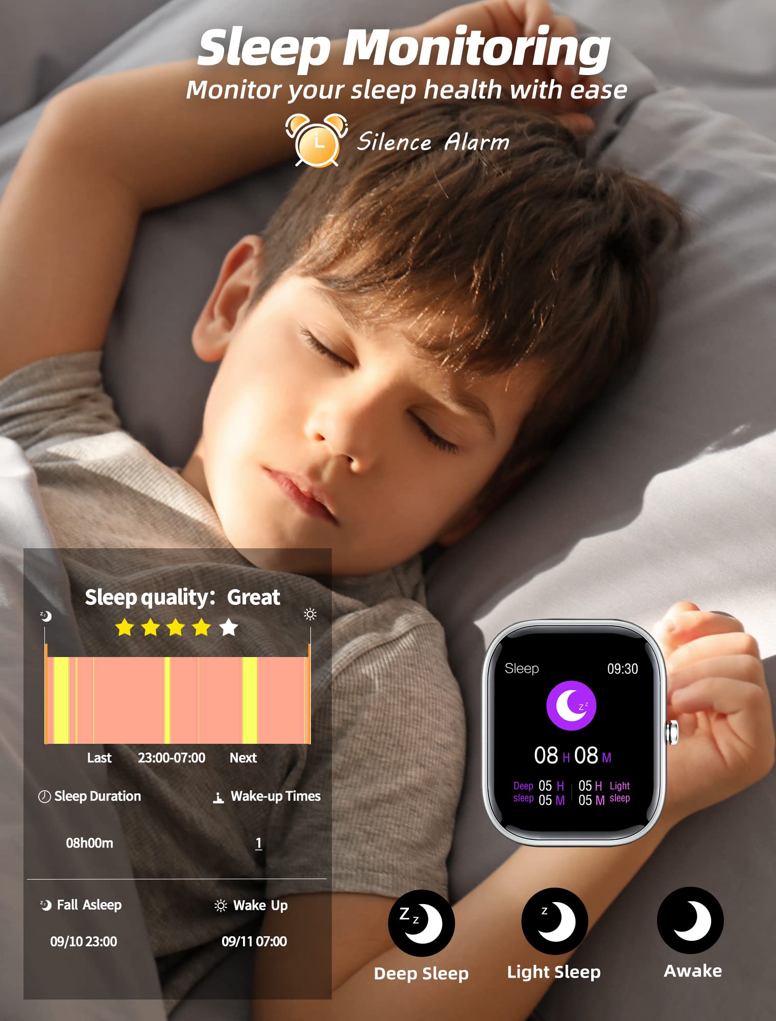 Slothcloud Kids Smart Watch for Boys Girls,IP68 Waterproof Fitness Activity Tracker Watch,Heart Rate Sleep Monitor,8 Sport Modes,Pedometers,Calories Counter,Alarm Clock,Kids Gifts Teens 5+ (Black)