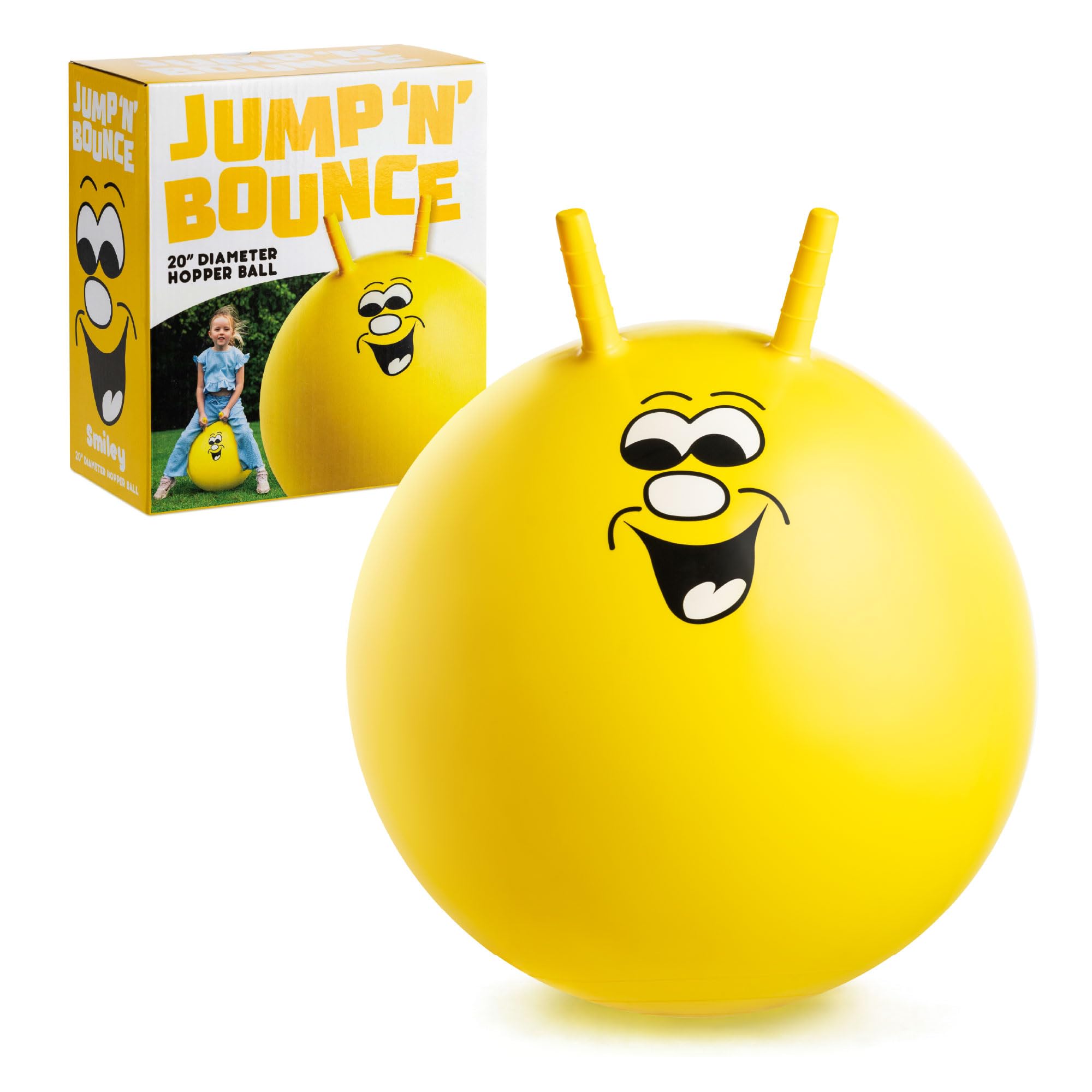 Toyrific Jump N Bounce Kids Space Hopper, 20 Inch Retro Bouncing Ball with Easy Grip Handles, Outdoor or Indoor Exercise Toy for Ages 3+, Smiley Yellow Design