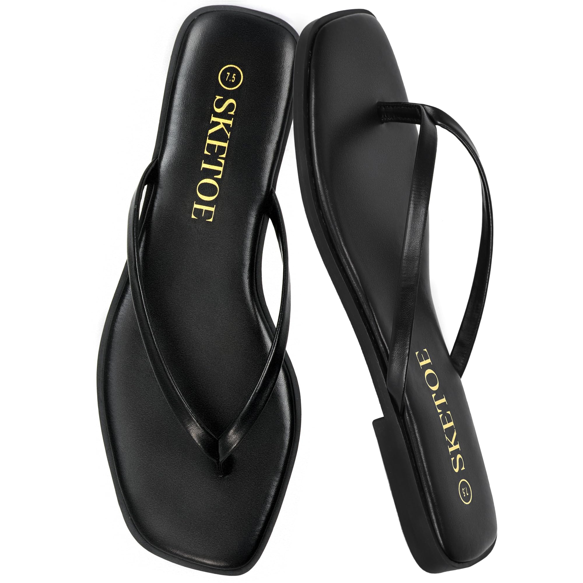Photo 1 of ****ONLY ONE PAIR**** SKETOE Flip Flops for Women Square Toe Flat Sandals for Women Comfortable Thong Sandals Vegan Leather Flip Flops Lightweight Summer Beach Sandals Dressy Vacation Essentials Slides, Black, Wide