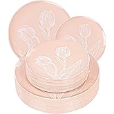 GATHER 40PCS Tulip Floral Plastic Plates - Pink and White Disposable Plates Includes 20 Heavy Duty Dinner Plate and 20 Fancy Salad Plate for Wedding&Party