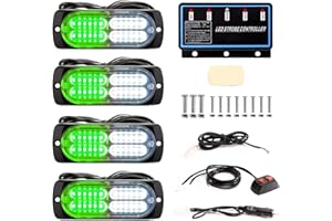 BooYu 4-pcs Sync Feature LED Emergency Strobe Lights Ultra Slim Grille Surface Mount Flashing Warning Hazard Light Bar w/Controller for Police, Firefighter, Trucks, Vehicles, Car (White/Green)