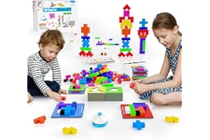 GEOKAY 4-in-1 Family Board Games, 120 Pcs Wooden Multi-Level Montessori Toy Fast 3D Shape Pattern Matching Puzzle Stacking Building Blocks Fun Game for Kids Adults Family Night/Party, 1-6 Players Ages 4+