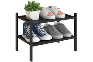 BMOSU 2-Tier Bamboo Small Shoe Rack Premium Stackable Shoe Shelf Storage Organizer for Hallway Closet Living Room Entryway Organizer(Black)