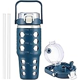 MUKOKO 32 oz Glass Tumbler with Straw,Glass Water Bottles with Time Marker,Iced Coffee Cup with Silicone Sleeve,Motivational Drinking Bottles,Leakproof-Blue