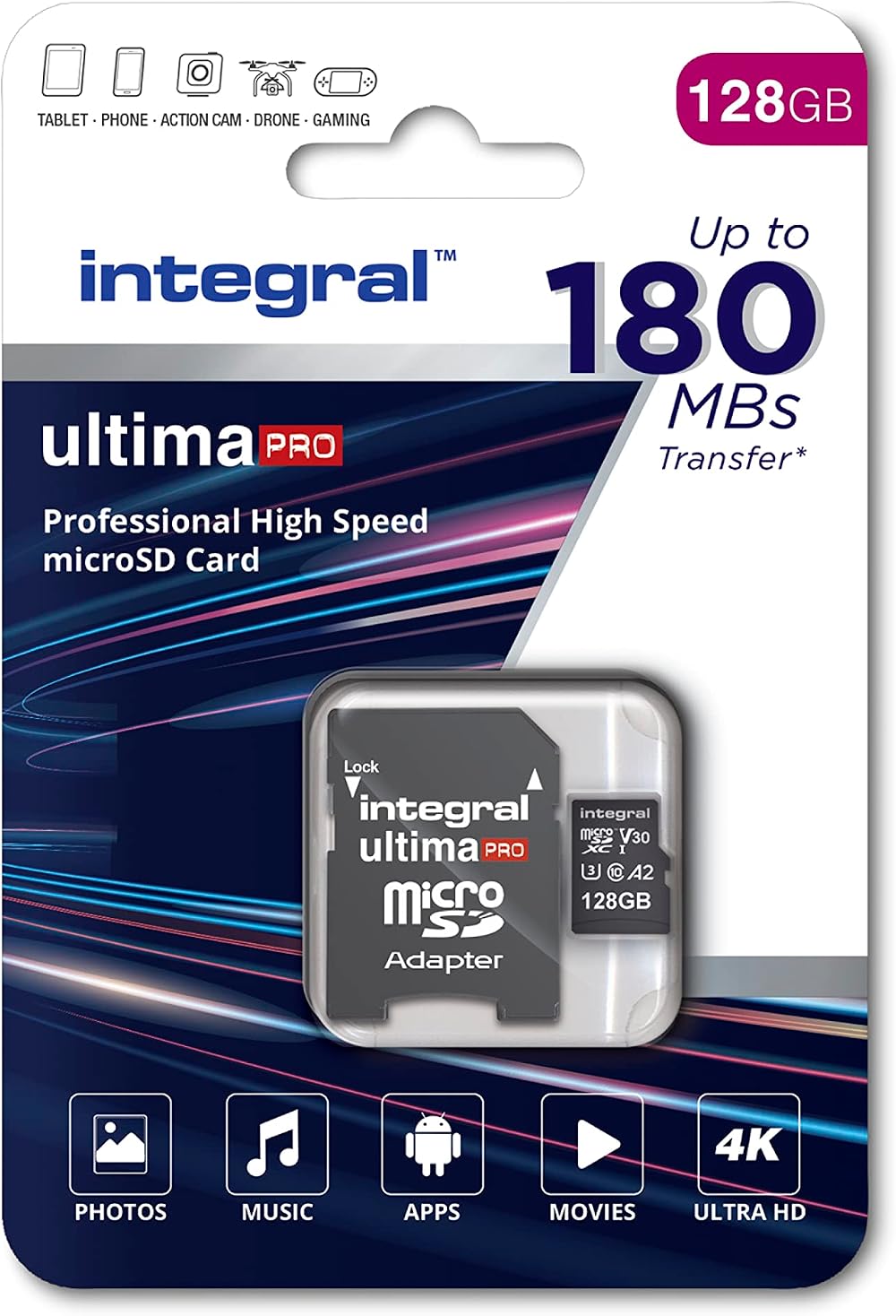 Integral 128GB Micro SD Card 4K Video UHS-I U3 A2 C10 180MB/s Read 90MB/s Write