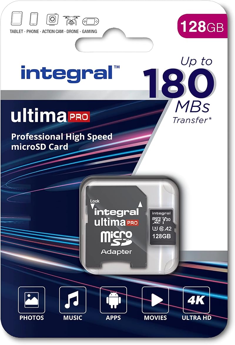Integral 128GB Micro SD Card 4K Video UHS-I U3 A2 C10 180MB/s Read 90MB/s Write