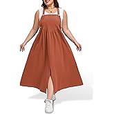 Moon Wood Plus Size Cotton Overall Dress for Women Front Slit Jumper Dress Loose Fit Casual Maxi Dress with Pockets