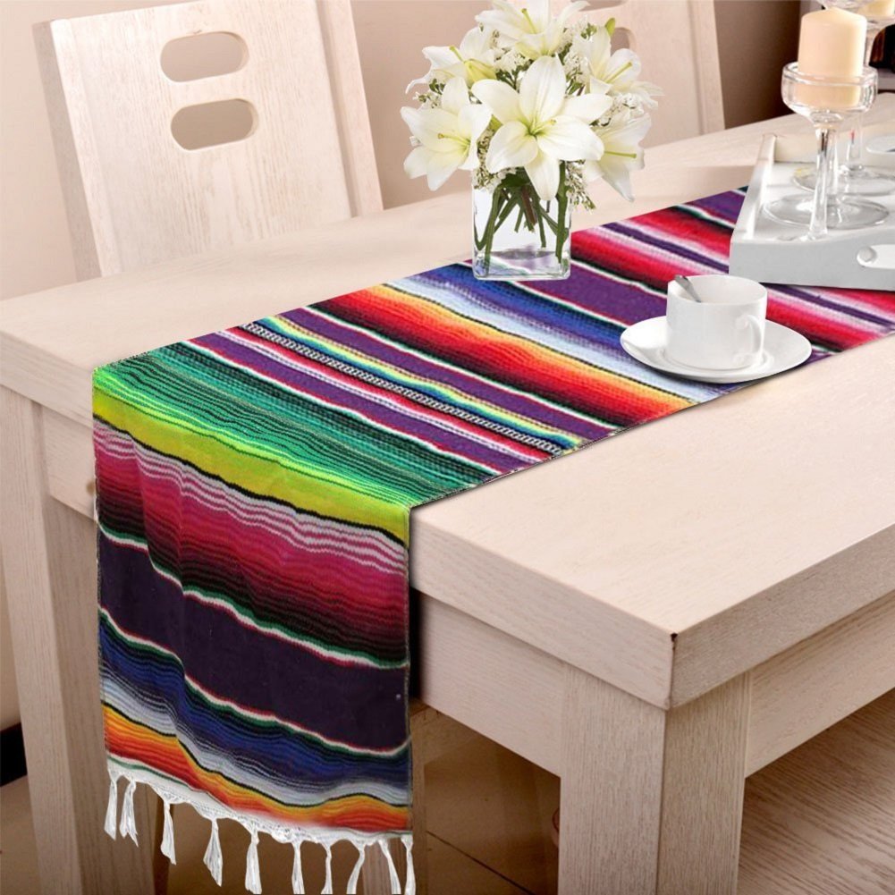 ShineU 84 x 14 inch Mexican Serape Table Runner with Fringed Ends, Vibrant Colors Cotton Woven Table Runner Ideal for Table Cloth Blanket Wall Decoration