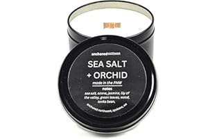 Anchored Northwest - Sea Salt & Orchid Travel Tin Candle, 6oz Black Metal Tin, American Cedar Wood Wick, Hand Poured, Essential Oil Blend 100% Soy Wax, 35+ Hour Burn