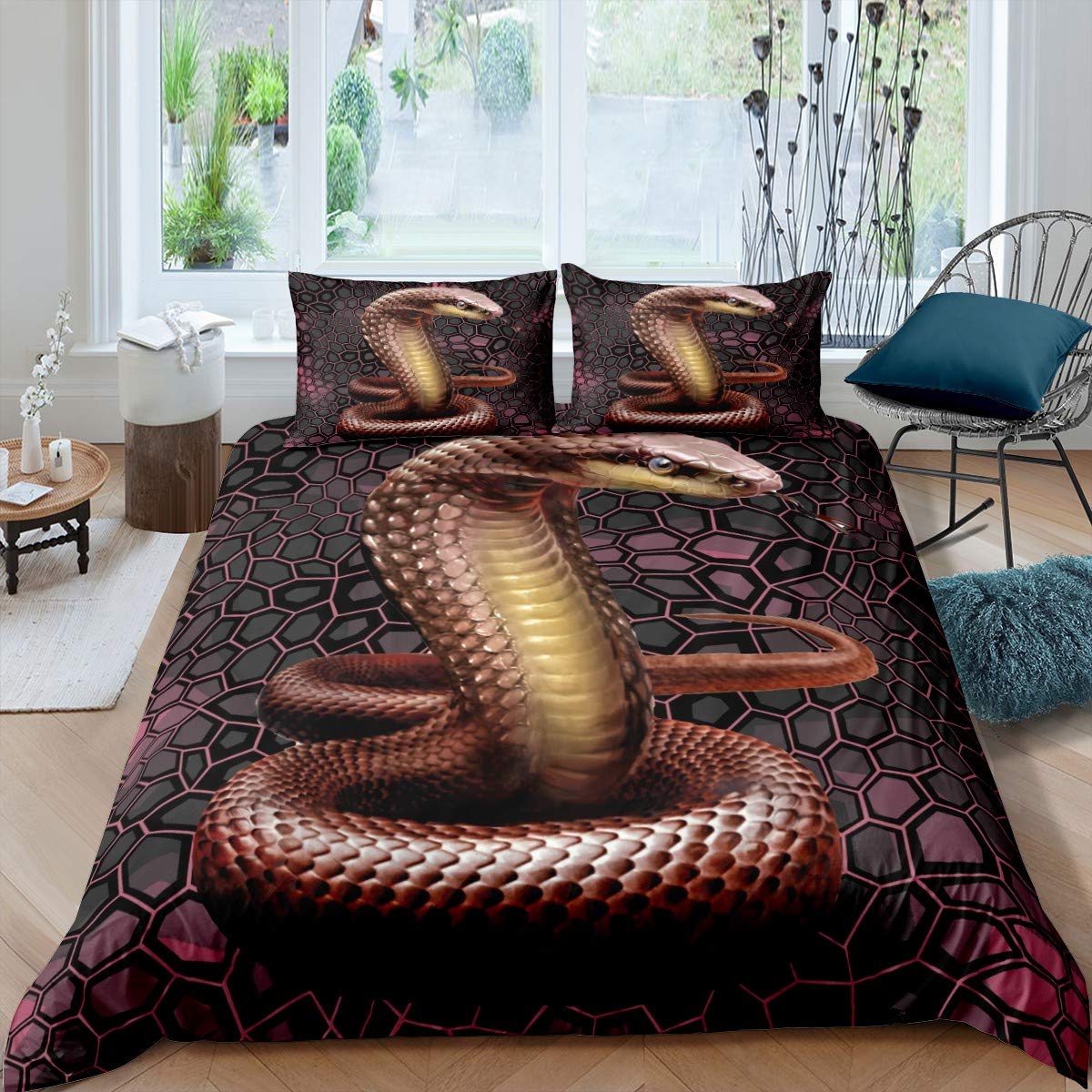 Snake Duvet Cover 3D Animal Pattern Bedding Set for Kids Boys Girls Youth Man Geometric Lattice Printed Comforter Cover Wildlife Style Bedspread Cover Bedroom Collection 3Pcs Double — image 1
