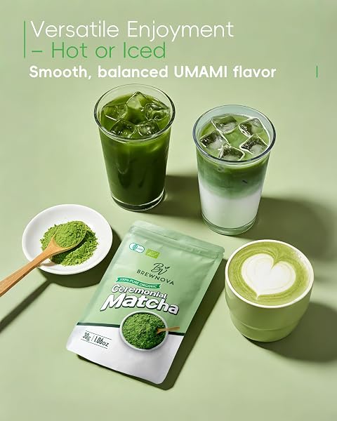 BREWNOVA CEREMONIAL GRADE MATCHA POWDER – PREMIUM ORGANIC SHADE-GROWN STONE-MILLED FIRST HARVEST UNSWEETENED GLUTEN-FREE VEGAN GREEN TEA FOR MATCHA LATTE, TEAS & RECIPES, 1.06OZ DOUBLE-SEAL PACK (30G)