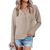 Tankaneo Womens V Neck Henley Shirts Casual Long Sleeve Flowy Tees Cute Loose Fit Tops with Pocket Khaki