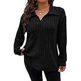 Koscacy Women Plus Size Casual Knit Sweater Lapel V Neck Solid Color Tops Lightweight Long Sleeve Blouses