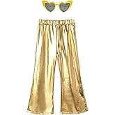 Perfashion Girls' Shiny Metallic Flared Pants Festival Dance Pants Disco with Sunglasses Wide Leg Trousers 6-15 Years