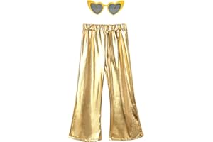 Perfashion Girls' Shiny Metallic Flared Pants Festival Dance Pants Disco with Sunglasses Wide Leg Trousers 6-15 Years