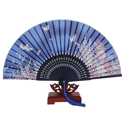 Japanese Design Silk Handheld Folding Fan Blue W Fine Flowers And