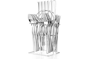 Chrysoverge Silverware Set, 24-Piece Stainless Steel Flatware Set with Holder, for 6 Includes Spoons, Forks, Knives, Dishwash