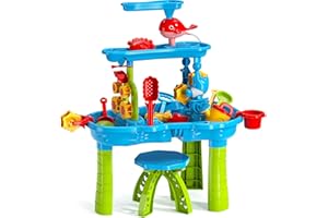 Hugut Sand Water Table for Toddler, 3-Tier Rain Showers Splash Pond Outdoor Toddler Activity Table, Kids Water Sensory Table 15 Pieces Accessories Water Toy Kits, Ages 3+ Years Old