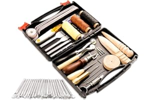 BAGERLA 50 Pieces Leather Working Tools and Supplies with Leather Tool Box Prong Punch Edge Beveler Wax Ropes Needles Perfect for Stitching Punching Cutting Sewing Leathercraft Making