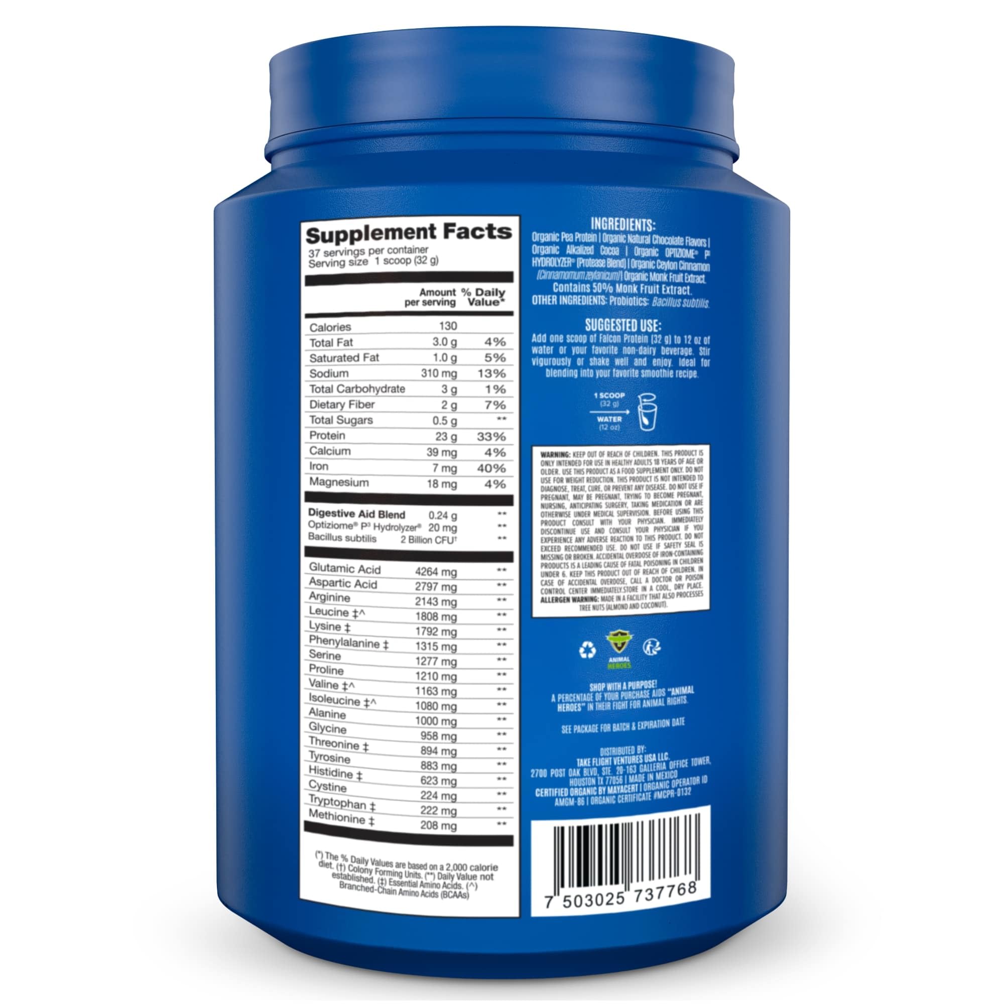 BIRDMAN Falcon Vegan Protein Powder Organic, Stevia & Sugar Free, Plant Based Protein, Low Carb, Dairy Free, Keto, Non Whey Protein, Probiotic, Pea Protein | Chocolate Flavor - 37 Servings - 2.64lb