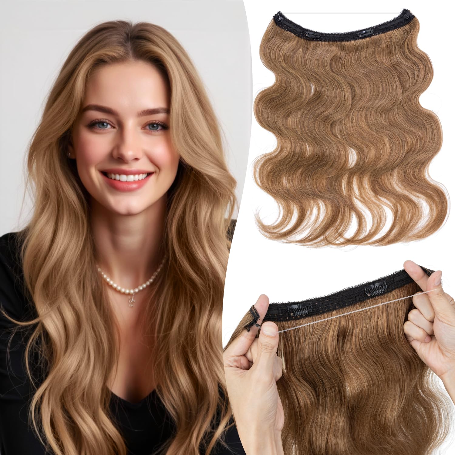 Photo 1 of TESSHAIR Halo Hair Extensions Wavy Curly, 100% Real Human Hair,No Tangle & Smooth,Invisible Wire Extensions for Women,55g, 12 Inch,#Wavy Light Brown