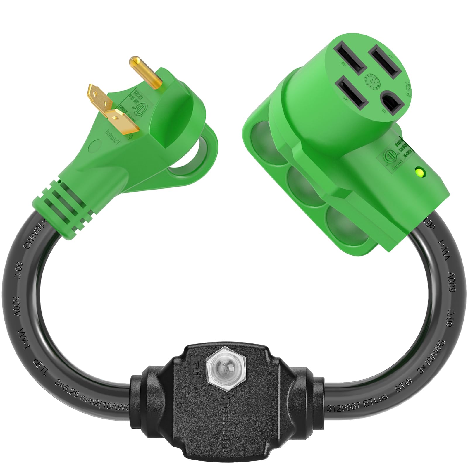 Photo 1 of RVGUARD Overload Protector 30 Amp to 50 Amp RV Adapter Cord with Circuit Breaker, NEMA TT-30P to NEMA 14-50R Electrical Power Adapter with LED Power Indicator, 18 Inch, Green, ETL Listed