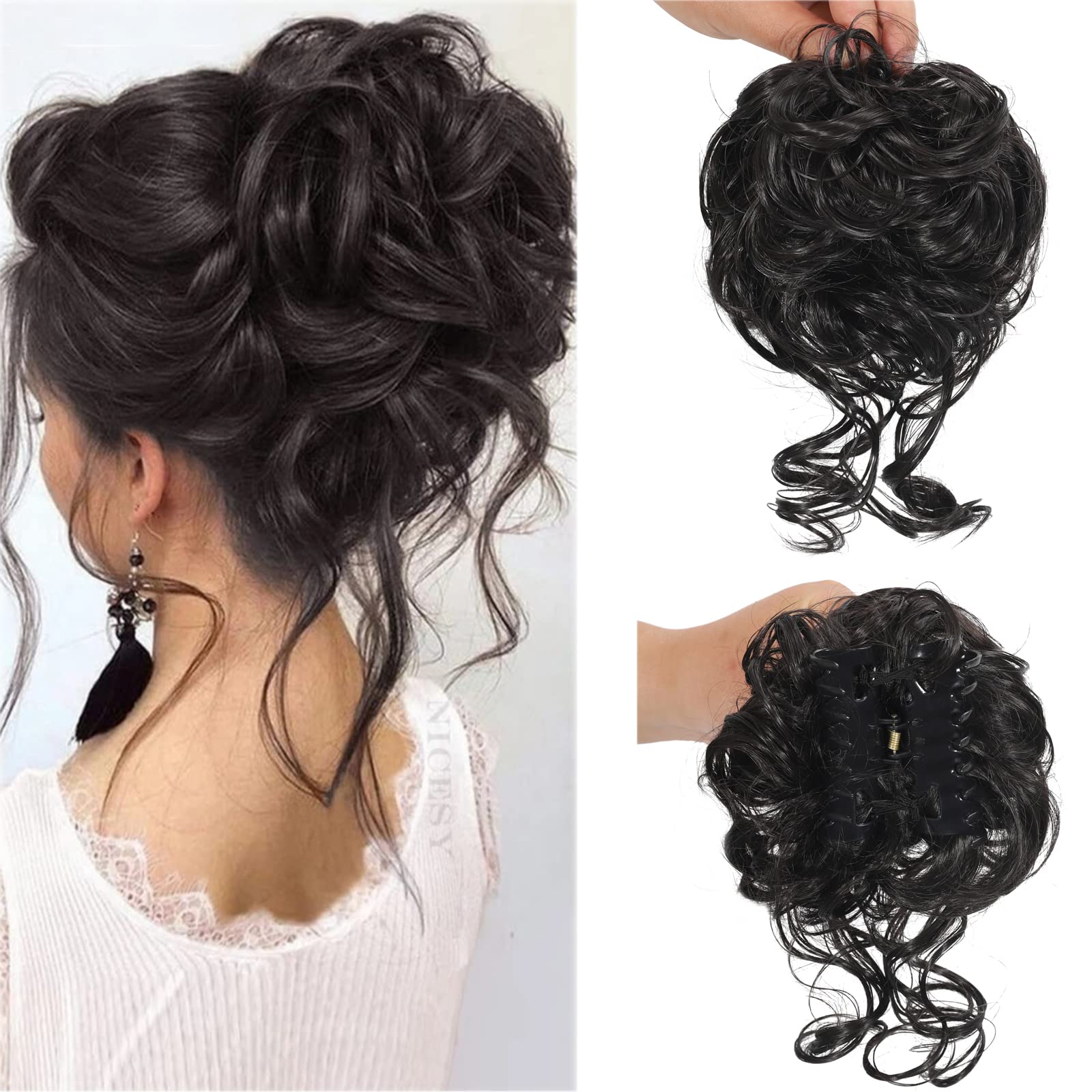 Claw Messy Bun Hair Pieces Clip Wavy Curly Chignon Clip in Hairpieces Tousled Updo Donut Hair Bun Synthetic Hair Ponytail for Women Girls