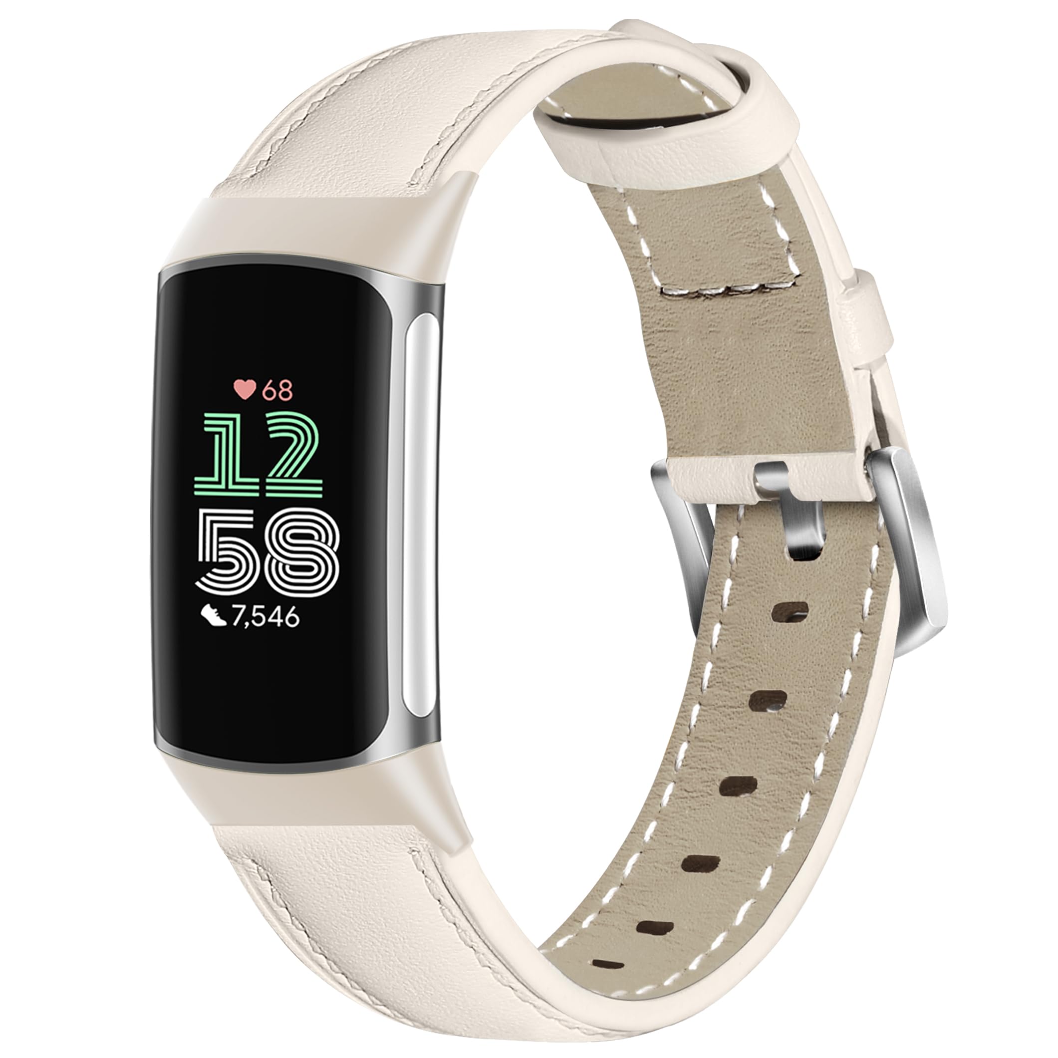 Photo 1 of Farluya Leather Watch Bands Compatible with Fitbit Charge 6/Charge 5,Genuine Leather Replacement Straps for Charge 6/Charge 5 Accessories for Women Men.Starlight