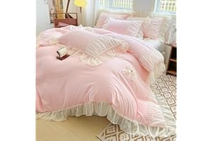 MOOWOO Chic Lace Bedding with Lovely Bow-Romantic Ruffle Duvet Cover Set, 2 Piece Comforter Duvet Cover with Zipper Closure, French Princess Style,Coquette Room Decor-Pink,Twin Size