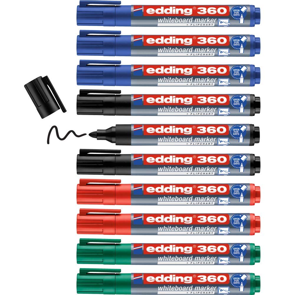 edding 360 whiteboard marker - multi-coloured - 10 whiteboard pens - round nib 1.5-3 mm - whiteboard pen dry wipe - for whiteboards, flipcharts, magnetic, memo boards - sketchnotes - refillable