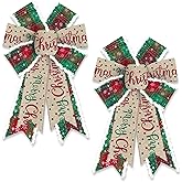 2 Pack Christmas Wreath Bows Christmas Decor Bows Green Red Plaids Words Velvet Ribbon Bows for Wreath, Xmas Tree Topper Bows for New Year Party Decoration Home Indoor Outdoor Wreath Ornament Supplies