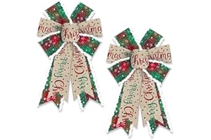 HEUREPPY 2 Pack Christmas Wreath Bows Christmas Decor Bows Green Red Plaids Words Velvet Ribbon Bows for Wreath, Xmas Tree Topper Bows for New Year Party Decoration Home Indoor Outdoor Wreath Ornament Supplies