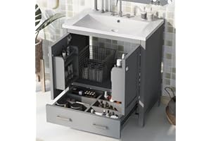 Lostcat 30inch Bathroom Vanity with Single Sink,Bathroom Storage Cabinet with 2 Doors and 1 Drawer,Solid Wood Frame,Multifunctional Storage,Easy Assmebly(Grey)