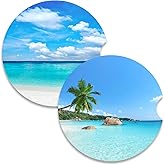 Nipichsha Car Coasters for Cup Holders, 2 Pack Absorbent Ceramic Car Cup Holder Coaster for Drinks, Cute Auto Assecories for Women Men, Size 2.56 in with Finger Notch & Cork Base, Beach Style