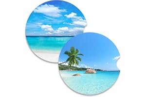 Nipichsha Car Coasters for Cup Holders, 2 Pack Absorbent Ceramic Car Cup Holder Coaster for Drinks, Cute Auto Assecories for Women Men, Size 2.56 in with Finger Notch & Cork Base, Beach Style