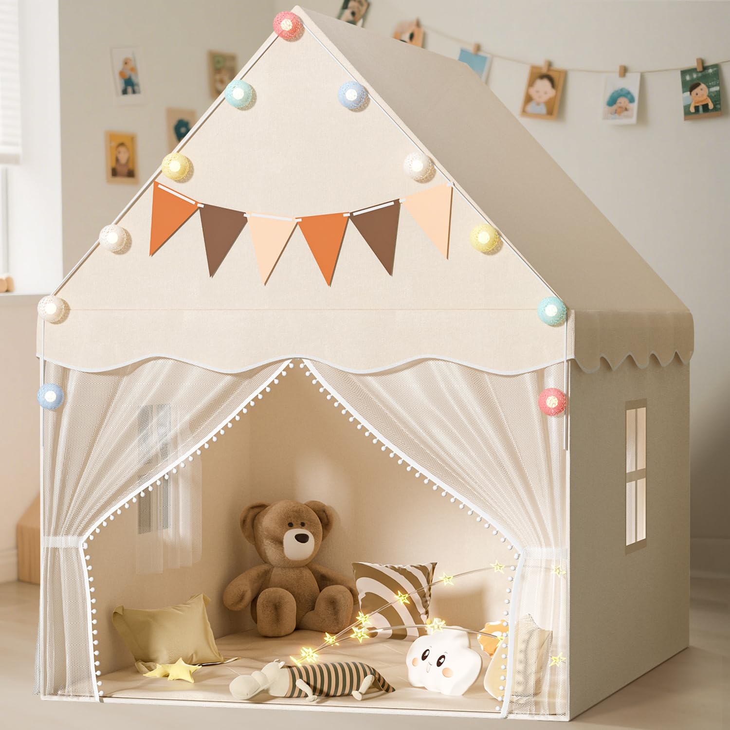 Photo 1 of EagleStone Kids Play Tent with Star Light and Padded Mat, Playhouse for Kids, Neutral Color Play Room Furniture, Indoor Bed Tent Gift Toys for Toddle 3,4,5,6-Year-Old Girls,Boys, Girls,
