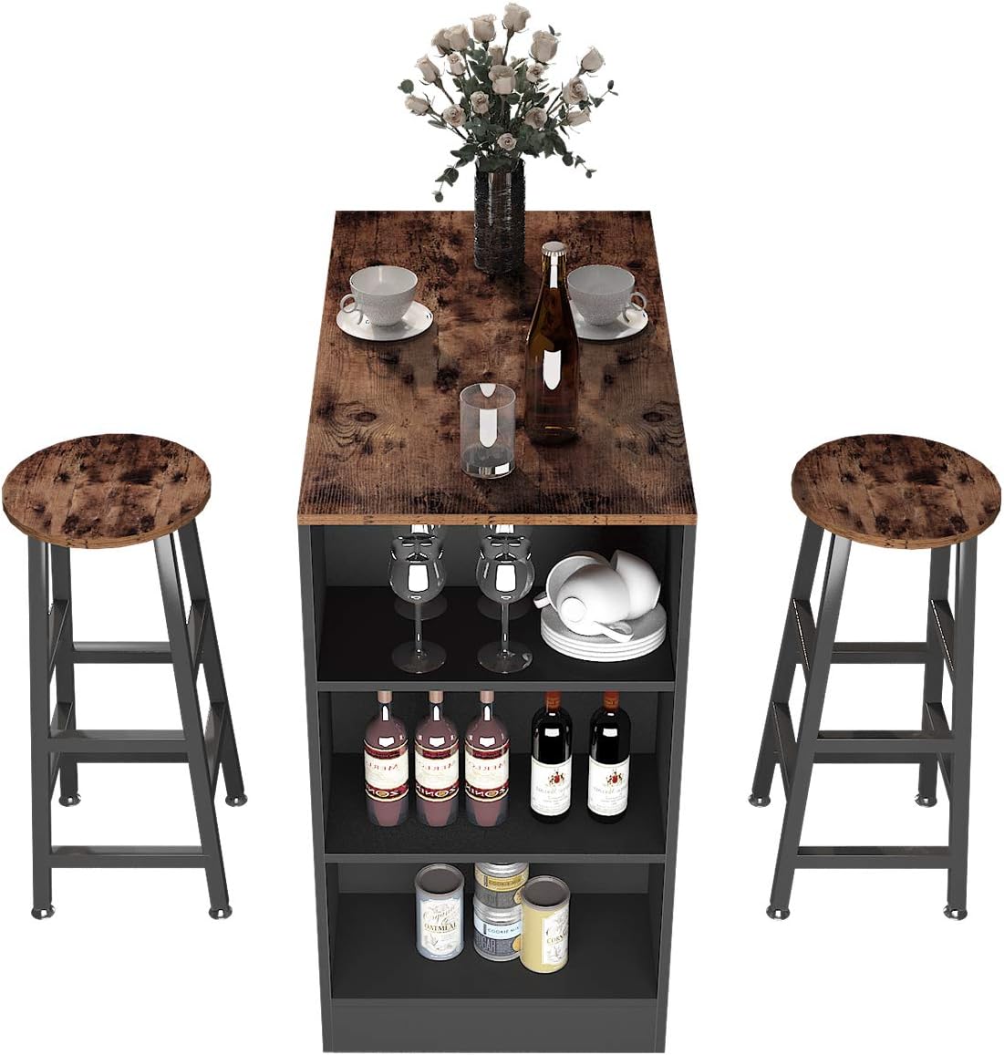 SDHYL Bar Table Set with 2 Bar Stools High Top Table 3 Storage Racks Pub Dining Table Breakfast Bar Table for Kitchen, Dining Room, Living Room and Party Room, Rustic Brown, S7-DX-Z813FG