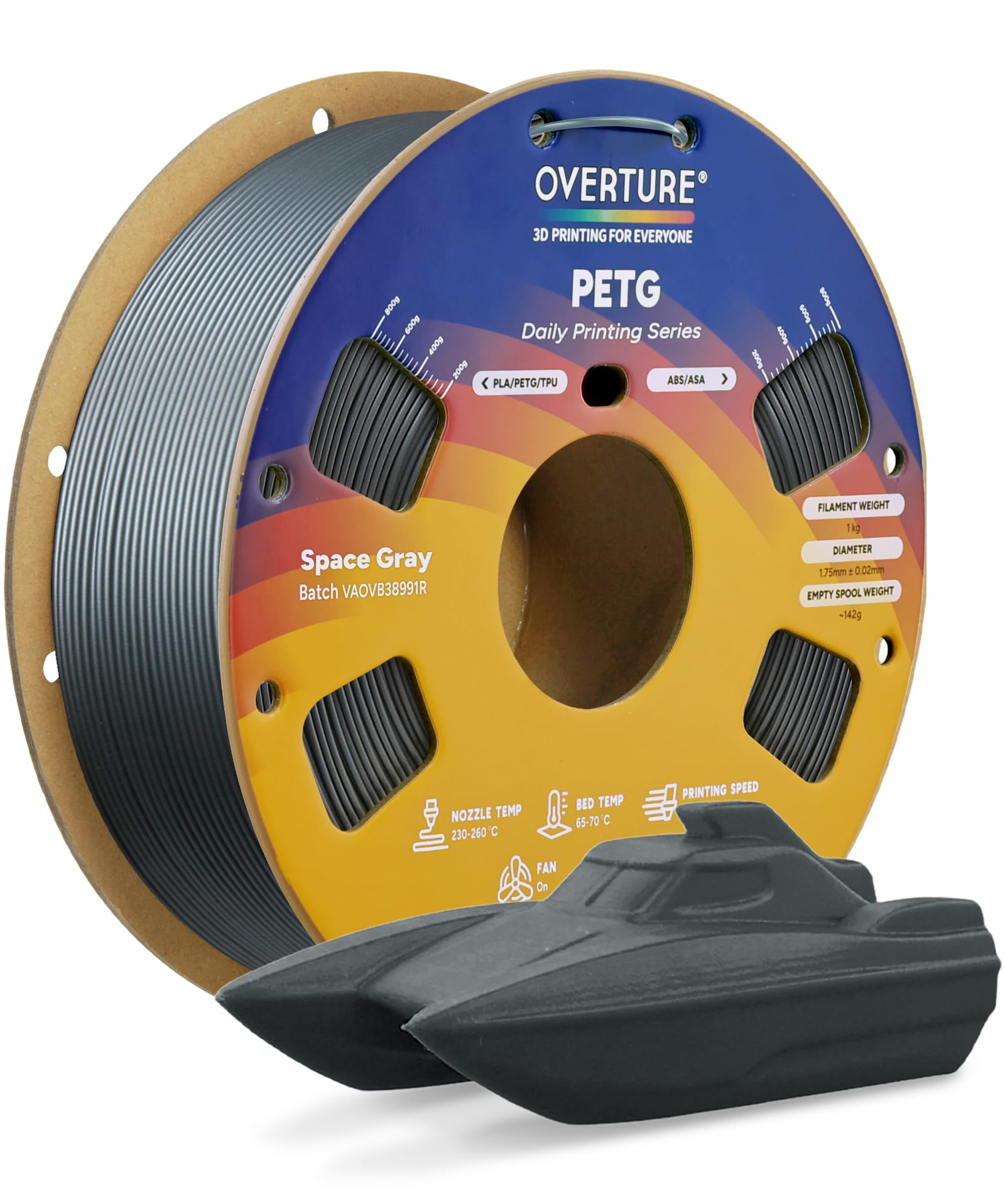 OVERTURE PETG 3D Printer Filament 1.75mm, Neatly Wound Durable PETG, 1kg Spool (2.2 lbs), Strong Toughness Filament, Accuracy +/- 0.02mm, Fit Most FDM Printers (Space Grey)