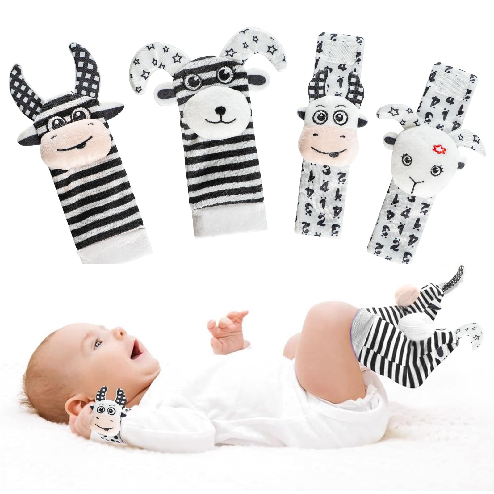 Baby Wrist and Ankle Rattles Toys, Cute Plush Animals Black and White Sensory Toys, 0-6 Months Baby Essentials for Newborn