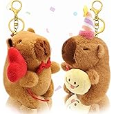 2 Pack Capybara Keychain Plush, Capybara Peluche Cute Key Chain with Clothes Backpack Accessories, Soft Animal Birthday Party Gift for Adults, Christmas Crafts, Stocking Stuffers (Birthday hat)