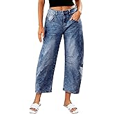 LookbookStore Barrel Jeans for Women High Waisted Cropped Wide Leg Trendy Baggy Distressed Stretchy Denim Jean Pants