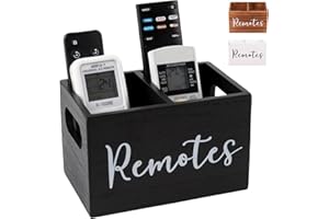 Qeedee Remote Control Holder, Wooden TV Remote Control Holder with 2 Compartments, Farmhouse Remote Control Box for Table, Bl