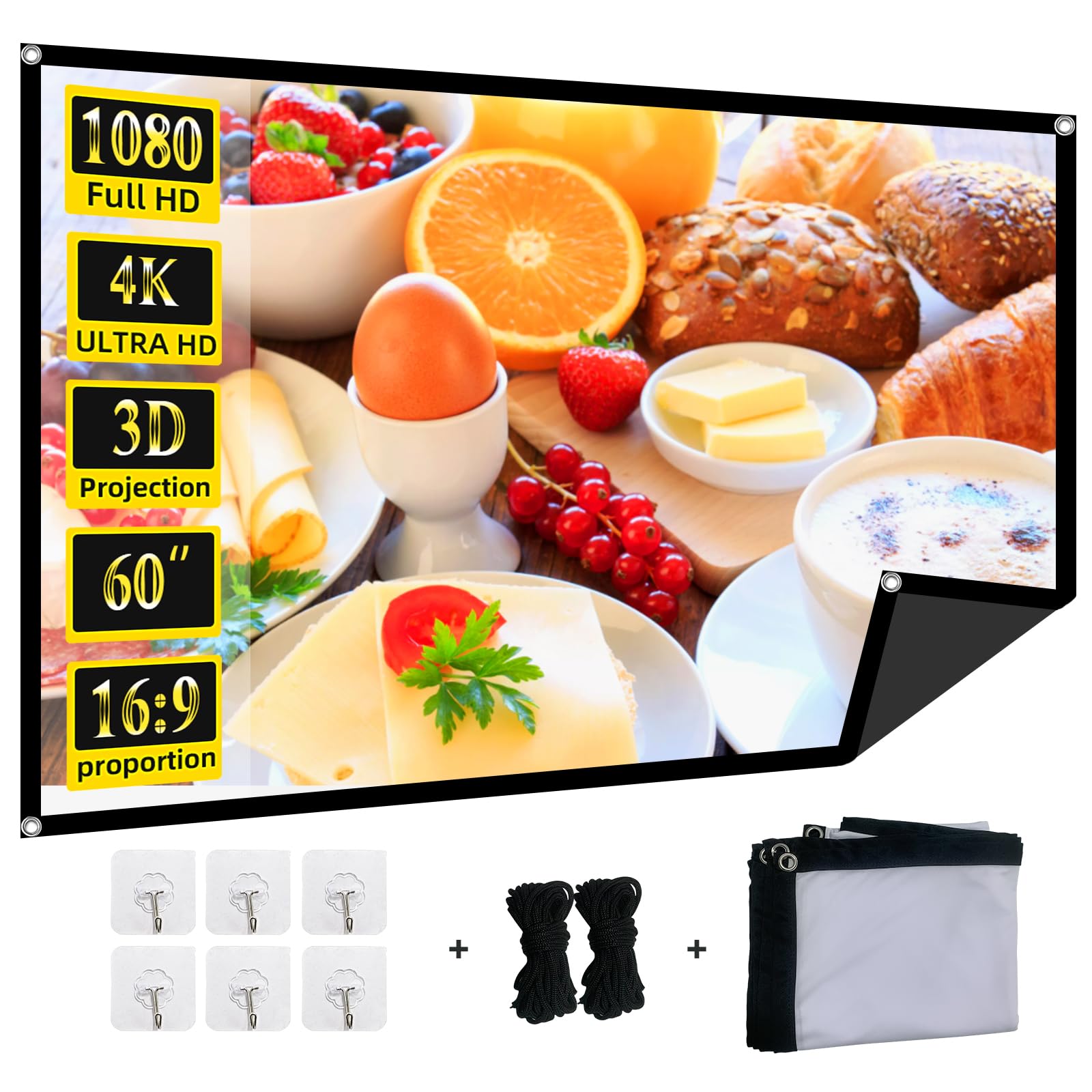 Foldable 60-inch Projector Screen,XINLEMY 4k 16:9 Anti-Crease Portable Washable Projector Backing Black Absorbs Light Movies Screens for Home Theater Backyard Indoor and Outdoor camping