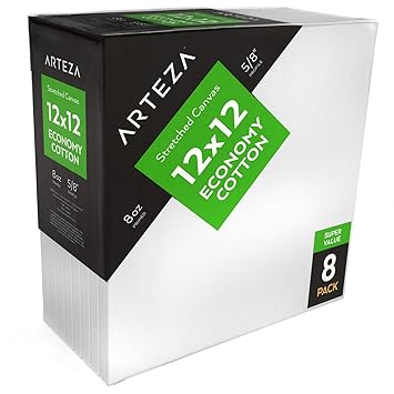 ARTEZA Leinwand auf Keilrahmen | 30,5cm x 30,5cm Großpackung mit 8 | Weiß, Grundiert 100% Baumwolle | Ideal für Malerei, Acry