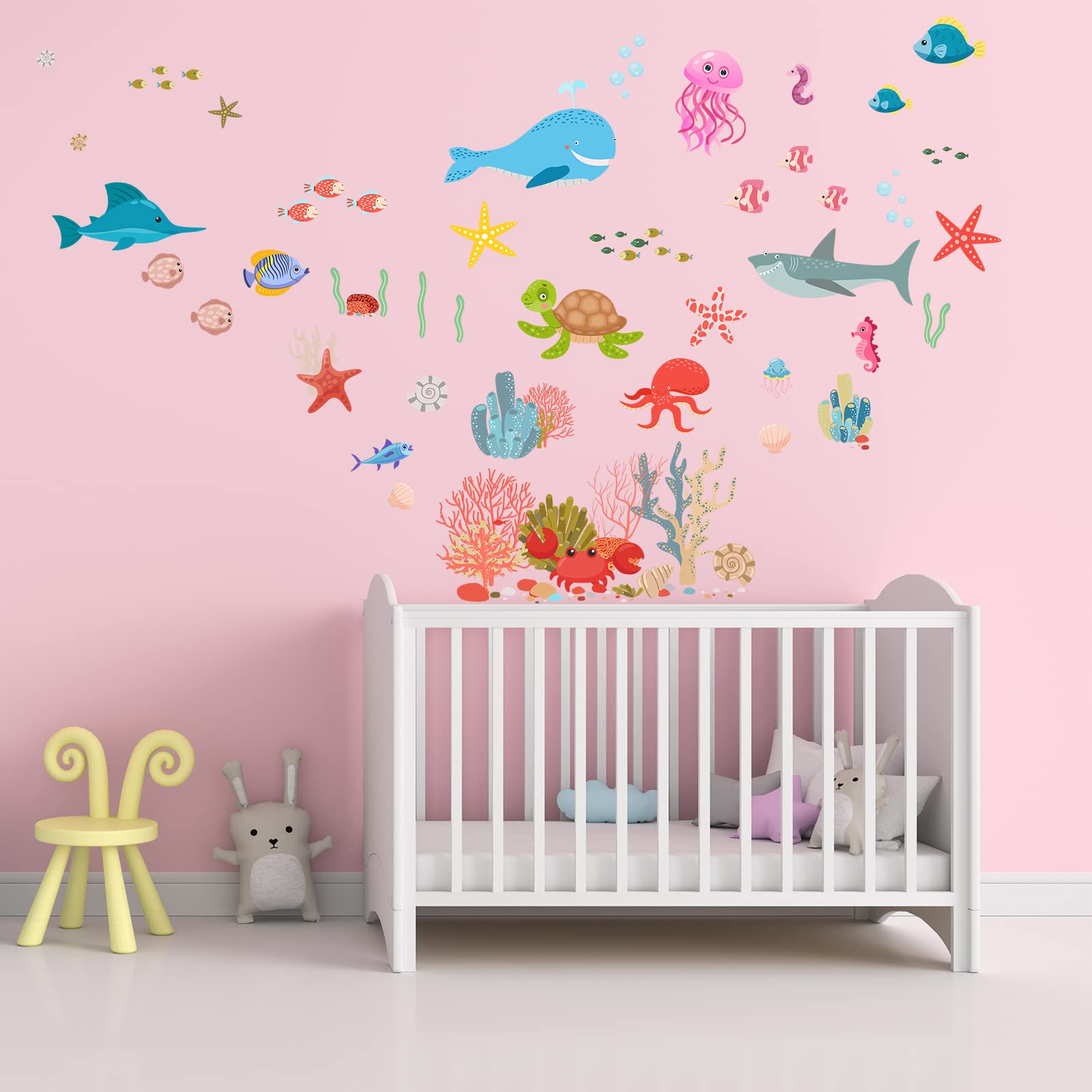 AnFigure Wall Stickers for Kids Marine Animal Wall Decals Baby Childrens Babies Nursery Playroom Bathroom Bedroom Wall Sticker Shark Sea Dolphin Fish Sea Turtle Ocean Octopus Beach Nautical Wall Decor