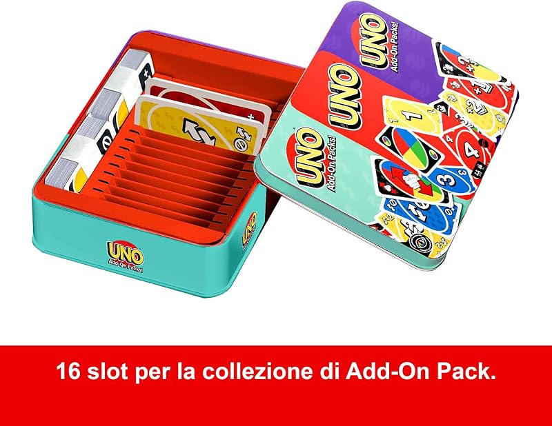 UNO e 2 Add-On Packs, Gioco di Carte e Confezione di Latta