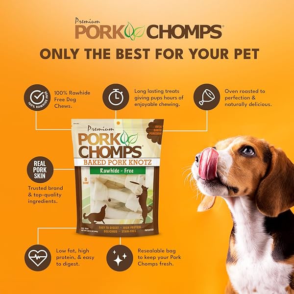 PORK CHOMPS BAKED PORK SKIN DOG CHEWS, 7-INCH KNOTS, 8 COUNT