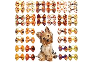 RSACCSKY 20Pcs/10 Pairs Thanksgiving Pumpkin Maples Pattern Yorkie Dog Puppy Hair Bows with Rubber Bands Hair Accessories Bow Pet Grooming Cute Pet Small Hair Bowknot (Pumpkins)