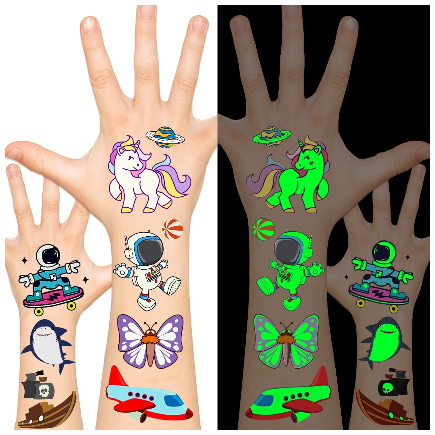 Acevegue Party Favours for Kids, 30 Sheets Luminous Temporary Tattoos for Kids Birthday Party Bag Fillers, Glow Tattoos Stickers Toys Games Prizes for Boys Girls Children